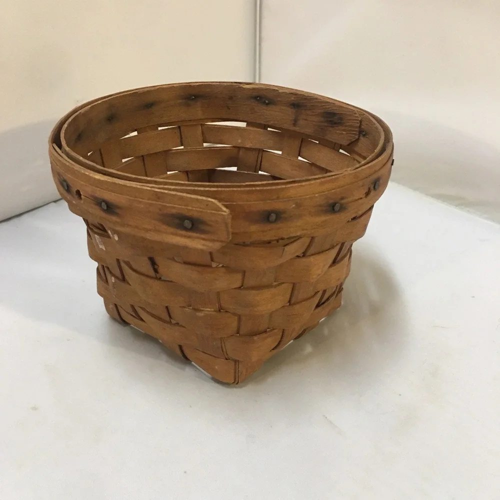 Woven Wood Splint Basket Home Decor Small Brown Round Rim Vintage Longaberger